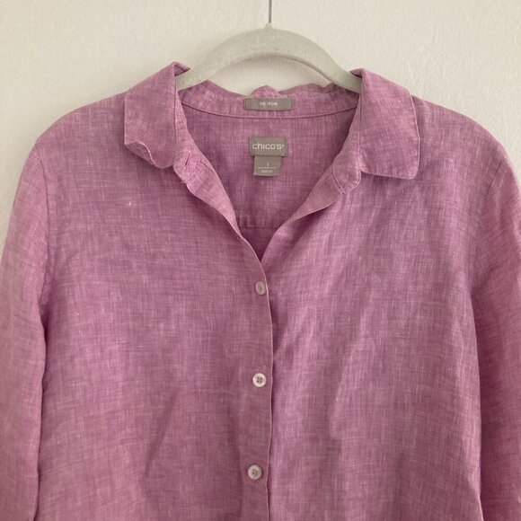Chico's 100% Linen Pink Long Sleeve Button Front Shirt Breezy Lagenlook Beach 8 - Picture 2 of 8